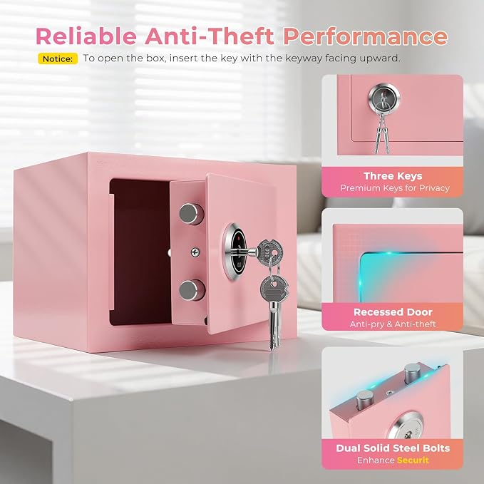 Small Safe Box for Home,Wall Safes 0.23 Cubic Feet, Heavy Duty Steel Safety Lock Box with 3 Keys for Money, Passort, Jewelry 9.06"x 6.69"x 6.69" Pink - Image 6