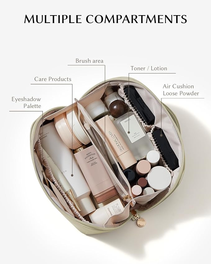 EACHY Travel Makeup Bag for Women, Flat Open Cosmetic Bag, Green, Medium | Flat-open cosmetic organizer with pockets and clear TPU brush compartment for makeup, toiletries and travel essentials - Image 2