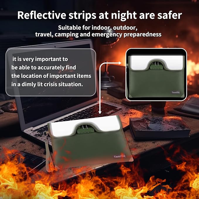 5200°F Fireproof Money Bag with Lock, Water Fireproof Document Bag with Zipper, 8 Layers Fire Insulation, Fireproof Safe Storage Pouch with Lock for Cash, Passport, Certificate(10" x 13", Green) - Image 8