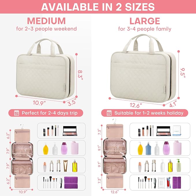 HXLGMD Travel Size Toiletry Bag for Women, Portable Cosmetic Bag with Hanging Hook, Travel Essentials Water-resistant Makeup Organizer for Accessories, Shampoo, Full-size Container, Toiletries - Image 2