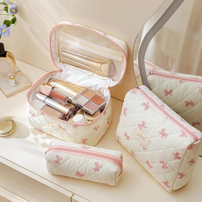 HBselect Quilted Makeup Bag, 3Pcs Cotton Large Travel Makeup Bags Organizer | Cute Floral Make up Bag Cosmetic Bag Toiletry Bag for Women Girls, Makeup Pouch for Skincare, Brushes & Travel Essentials - Image 2