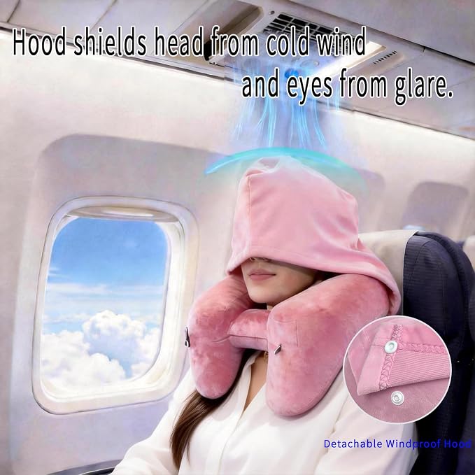 H-Shaped Travel Pillow with Snap-On Hood – Ergonomic Neck Support with Plush Velvet Cover, Instant Inflation & Compact Bag – for Airplane, Car, Office & Long Trips (Pink) - Image 4