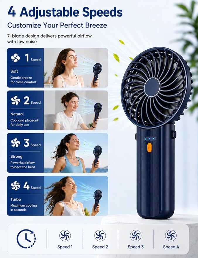 Portable Mini Fan, Quiet Foldable Fan with Lanyard (Navy Blue) | 4 Speeds, 15H Rechargeable Battery, Portable Pan for Travel, Home, Office, Outdoor, Makeup, Women, Men, Navy Blue - Image 2