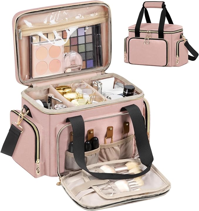 GDNasist Large Makeup Bag, Portable Travel Makeup Bag Organizer | Cosmetic Travel Bag for Women Girls with Removable Shoulder Strap & Detachable Dividers, Toiletry Bag for Makeup Pink by GDNasist