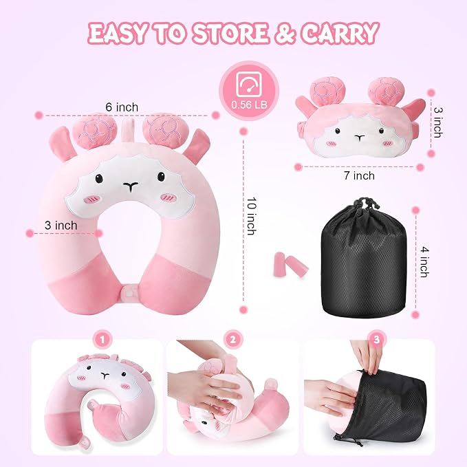 Cirorld Travel Pillow for Kids Adult Cute Neck Pillow for Traveling Memory Foam Airplane Pillow Sleep Mask Animal Flight Pillow Head Rest Neck Support for Cars Long Flights (Sheep, 9-12 Y/O) - Image 8