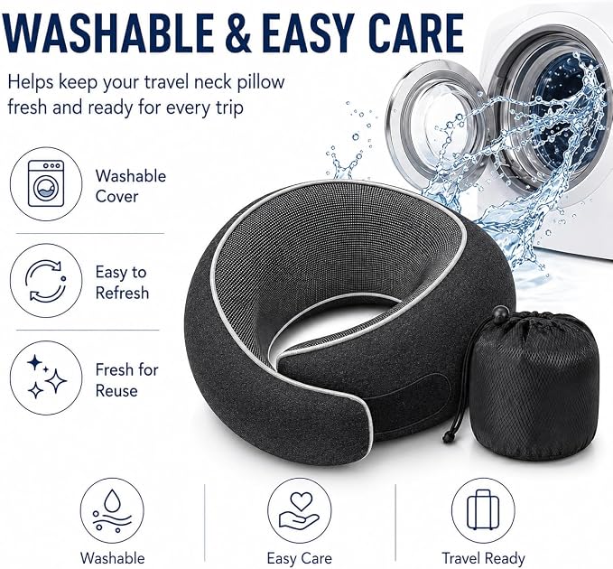 Travel Neck Pillow for Airplanes, Pure Memory Foam Neck Pillow with Washable Cover and Storage Bag, Ergonomic 360° Support for Sleeping, Car, Office, Home, Black - Image 5