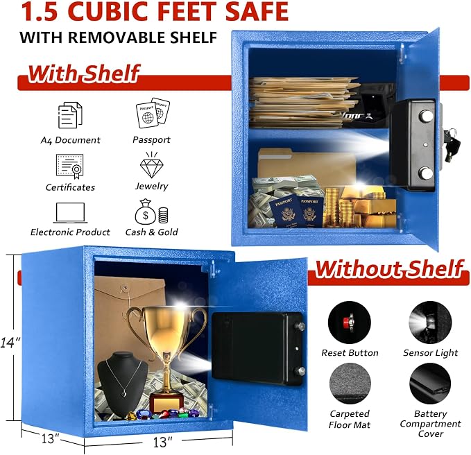 Voncabay Money Safe Box for Home with Digital Keypad, 1.5 Cu. Ft., Blue | Alloy Steel, 2 Fireproof Bags, Digital Keypad with Display, Removable Shelf, Alarm System, 14 x 13 x 13 In. - Image 2