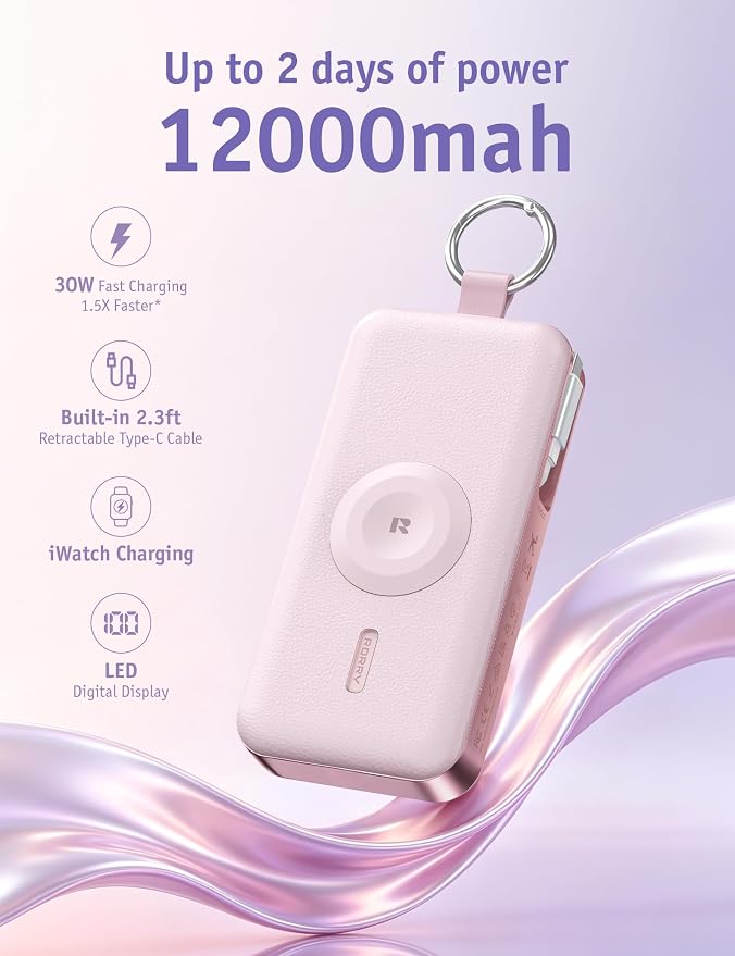 RORRY CharmGo Portable Charger 3 in 1 iPhone Power Bank for Apple 12000mAh | Built-in Retractable Cable Fast Charging Travel Keychain Battery Pack for Apple Watch /iPhone Air/17/16/15/14/13/12 - Image 2
