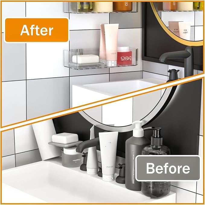 Cq acrylic Bathroom Shower Shelf Organizer Rack,Adhesive Shower Organizer for Bathroom Storage&Home Decor&Kitchen,Wall Shower Caddy Shelf Non Drilling Adhesive and No Damage Wall Mount,2 Pack Clear - Image 4