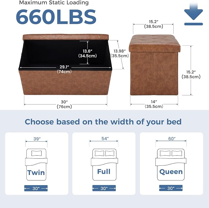 DUMOS 30 Inch Folding Storage Ottoman Bench, Hidden Ottoman with Storage | Storage Chest with Padded Seat, End of Bed Foot Rest Stool for Bedroom Living Room, Load 660 lbs, Synthetic Leather, Brown - Image 3