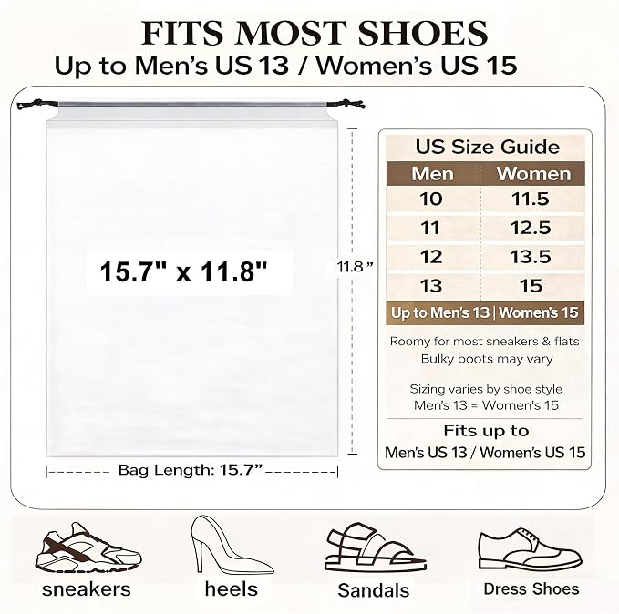 5 Pack Clear Shoe Bags for Travel Essentials Reusable Storage | 15.7"×11.8" PEVA Drawstring, Water-Resistant, Fits up to Men’s 12–13, for Clothes & Toiletries, Keep Luggage Tidy & Odor-Free - Image 2
