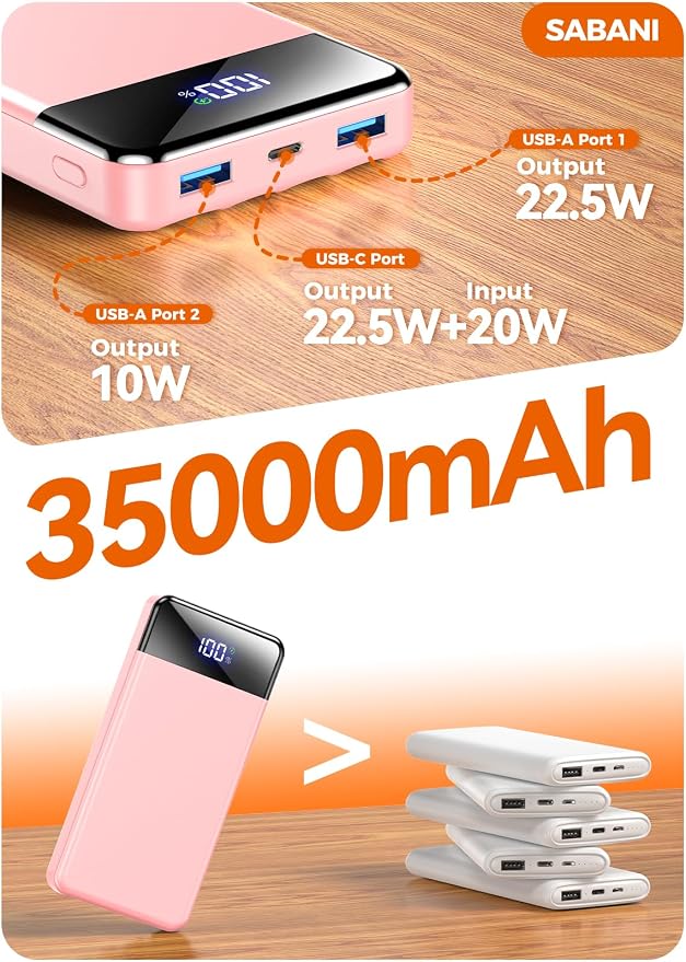 SABANI Portable Charger 35000mAh Power Bank, 4 Built in Cable Big Capacity | Ultra Slim, 22.5W Fast Charge, Travel Camping Essential, USB C External Battery Pack for iPhone Samsung Android, Pink - Image 8