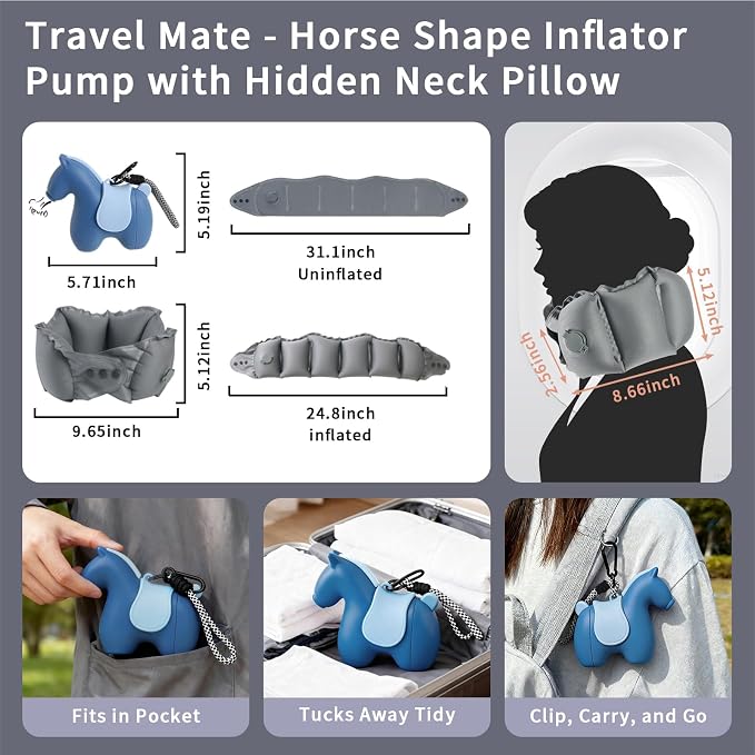 InfInflatable Travel Neck Pillow Built-in Pump & Cute Storage Bag | Adjustable Cervical Support Travel Pillow For Airplane, Train, Office, And Long Trips. Hygienic Fabric (Blue) - Image 5