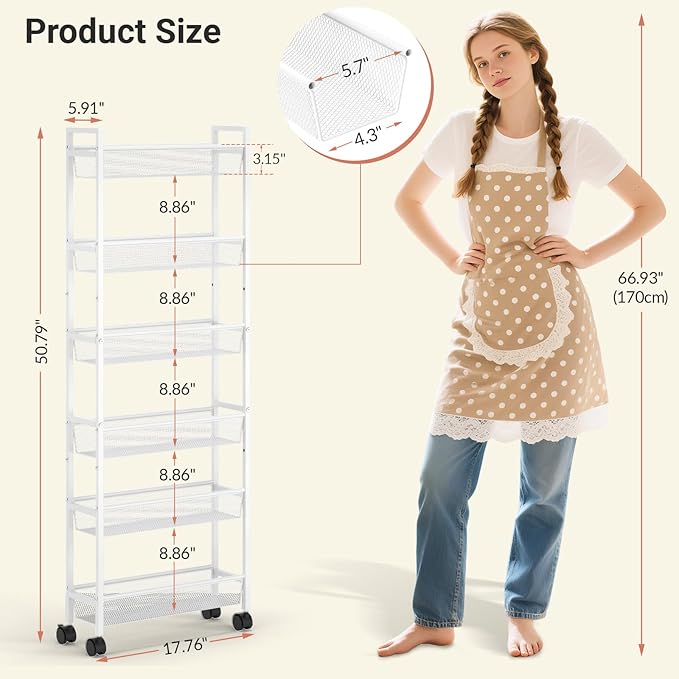 ThreeHio 6 Tier Slim Storage Cart, Narrow Cart with Wheels, Metal Mobile Shelving Unit Organizer for Bathroom, Kitchen, Laundry Room, Living Room & Narrow Spaces, White, 6in(W) - Image 2