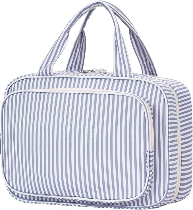 Narwey Striped Travel Toiletry Bag for Women Large Hanging Makeup Bag Organizer Toiletries Bag for Full Size Essentials Accessories Cosmetics (Greyish Blue Stripe (Large)) by Narwey