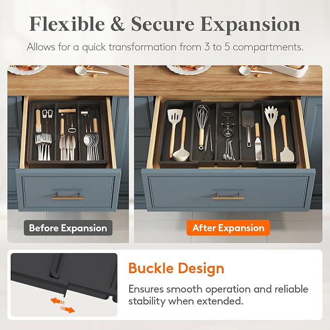 Lifewit Utensil Organizer for Kitchen Drawers, Expandable Utensil Tray | Adjustable Cooking Cutlery Silverware Flatware Holder, Plastic Spatula Tools Storage Divider, 11.5- 20 x 14.5", Black - Image 4