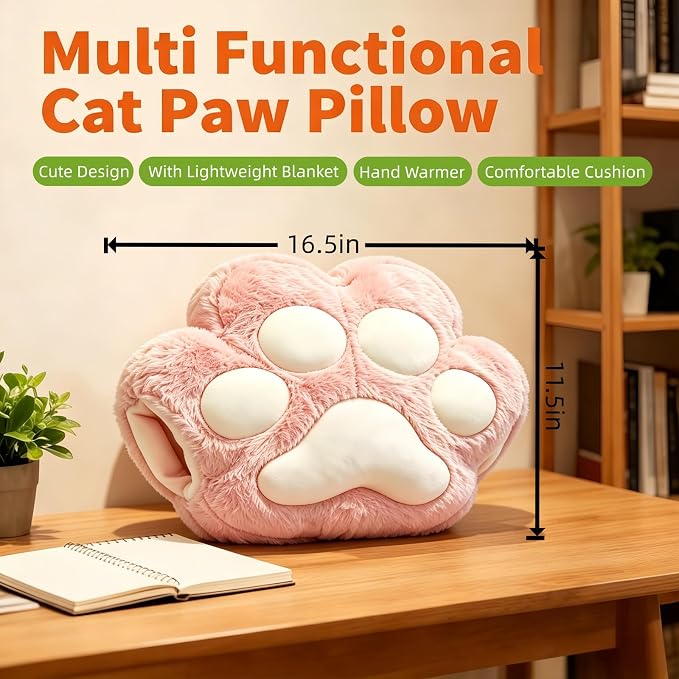 RYOLOY Cat Paw Warm Hand Pillow,with 66 * 35Inch Travel Blanket,2 in 1 Travel Pillow and Blanket Set,for Car Office Camping Essentials (Pink) - Image 2
