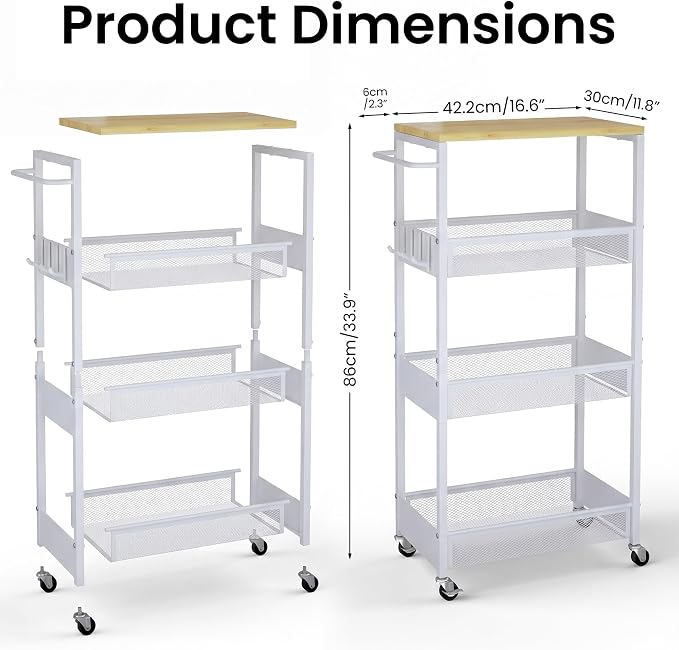 Rolling Utility Cart, 4 Tier 11.8" Wide Metal Storage Cart with Handle and Wood Top, Multifunctional Mobile Shelf Unit Organizer Trolley for Laundry, Bathroom, Kitchen - Image 7