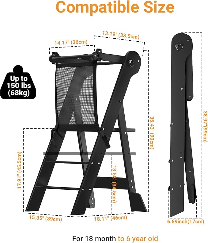 COSYLAND Foldable Toddler Kitchen Stool Helper - Height Adjustable Standing Tower for Bathroom Sink or Kitchen Counter - Step Stool for Toddlers Ages 18 Months to 6 Years Black - Image 6