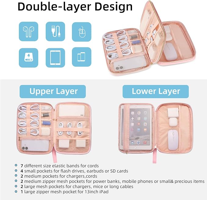 Electronics Organizer Travel Case, Charger Bag Cord Organizer Travel, All-in-One Cable Organizer Bag for Charger, Cords, Phone, Headphones, Flash Drive, SD Card (Pink, Large-Double Layer) - Image 2