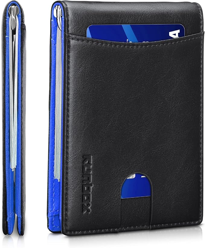 RUNBOX Slim Wallet for Men Genuine Leather RFID Blocking Bifold Minimalist Front Pocket Mens Wallet with Money Clip Thin Gift Box by RUNBOX