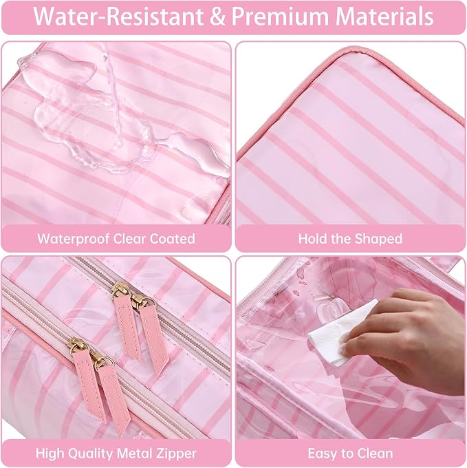 Toiletry Bag for Women, Pink Stripe | Clear Coated,Waterproof,Multiple Compartment,Open Flat,Handle,Travel Organizer for Shampoo,Conditioner,Cosmetic Accessories - Image 2