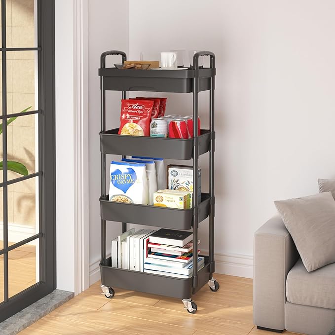 Calmootey 4-Tier Utility Cart with Drawer & Wheels, Storage for Home,Office | Space-Saving Organizer, Sturdy Plastic Shelves, Smooth-Rolling Metal Wheels, Built-in Drawer for Small Items, Black - Image 4