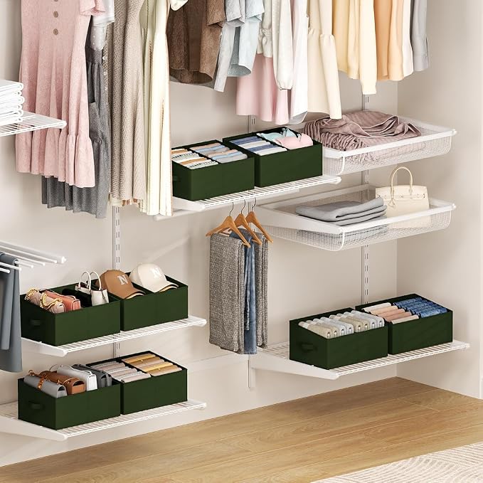 DIMJ Large Closet Shelf Organizer Bins 4 Packs with Handles and Divider, Fabric Trapezoid Storage Baskets, Foldable Clothes Containers Box for Shelf, Towel, Book, Toy, Purse, Hats, Green - Image 7