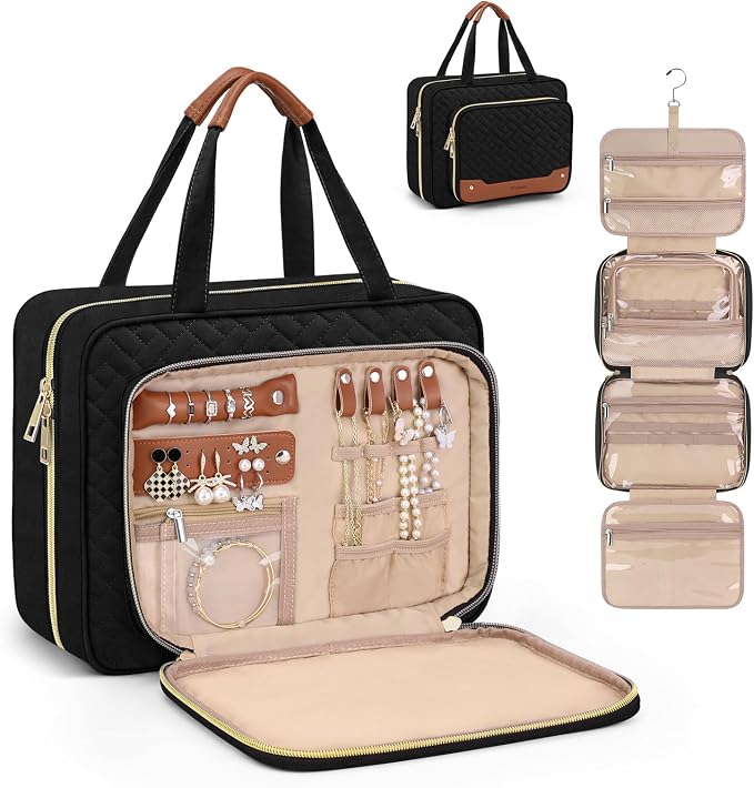 Toiletry Bag for Women, Hanging Travel Toiletry Bag with Jewelry Organizer Compartment Large Makeup Bag, PVC Waterproof Cosmetic Travel Bag for Travel Business Trips Camping Bathroom, Black by Wedama