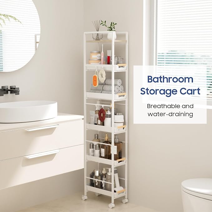 6 Tier Slim Storage Cart with Pull-Out Baskets Rolling Cart with Wheels Wood Top Narrow Utility Cart Metal Shelving Units for Pantry Laundry Room Bathroom Kitchen White 8in(W) - Image 6