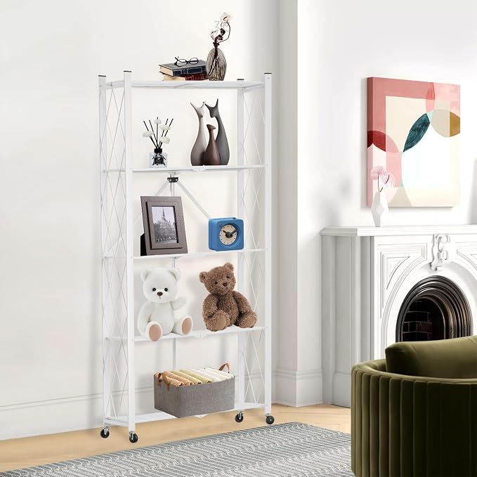5-Tier Folding Shelf with Wheels No Assembly Portable Shelves | Suitable for kitchen, bedroom, living room, garage,64.6*28*13.4in - Image 2