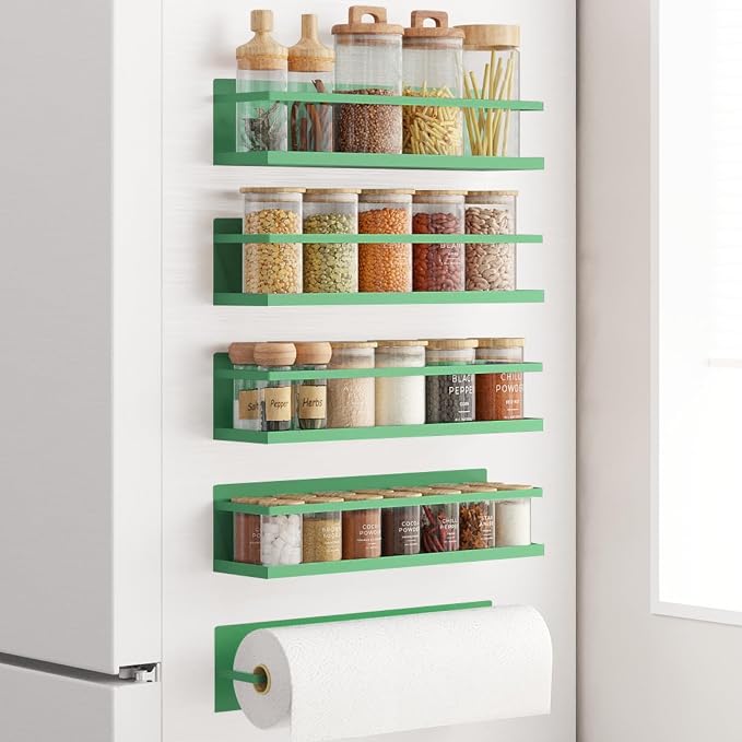 Magnetic Spice Rack For Refrigerator Magnetic Fridge Shelf For Kitchen Spice Organizer Magnetic Shelf For Fridge Space Saving Green 4 Pack With Magnetic Paper Towel Holder by Roysili