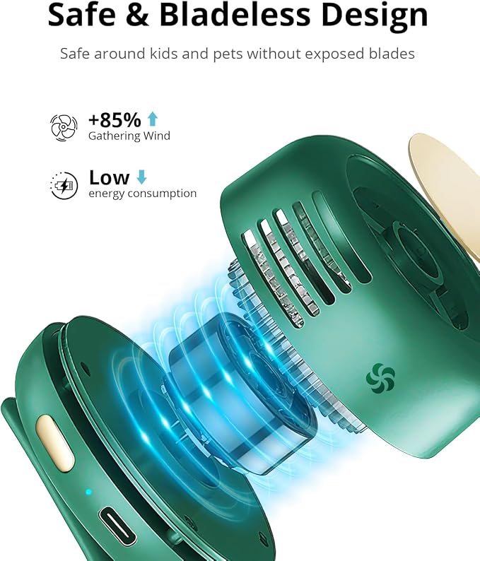 Portable Silent Mini Bladeless Fan Clip On, 3 Speeds & Queit, Hands Free Shirt and Waist Clips Whirlwind Fans, USB Rechargeable Handheld Neck Fans, Suitable for Outdoor & Travel & Office (green) - Image 2