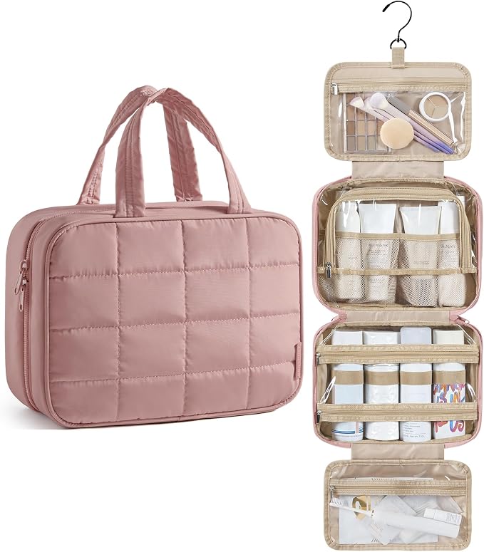 BAGSMART Travel Toiletry Bag for Womne, Hanging Travel Bag for Toiletries, Puffy Makeup Cosmetic Bag Organizer, Carry-on Travel Accessories Essentials, Dark Pink by BAGSMART