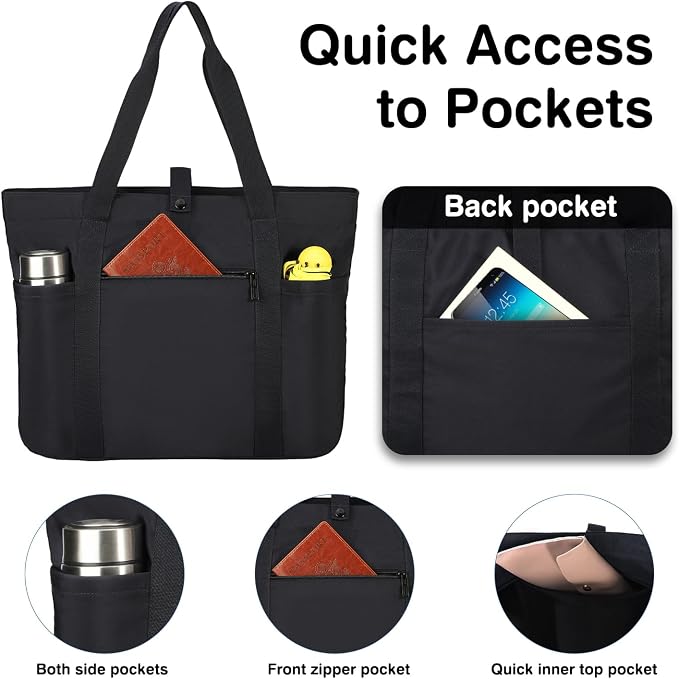 Voova Large Canvas Tote Bag for Women with Shoulder Strap, Black | 13-inch laptop compartment and multiple pockets in a roomy crossbody tote for work, travel, school or shopping - Image 5
