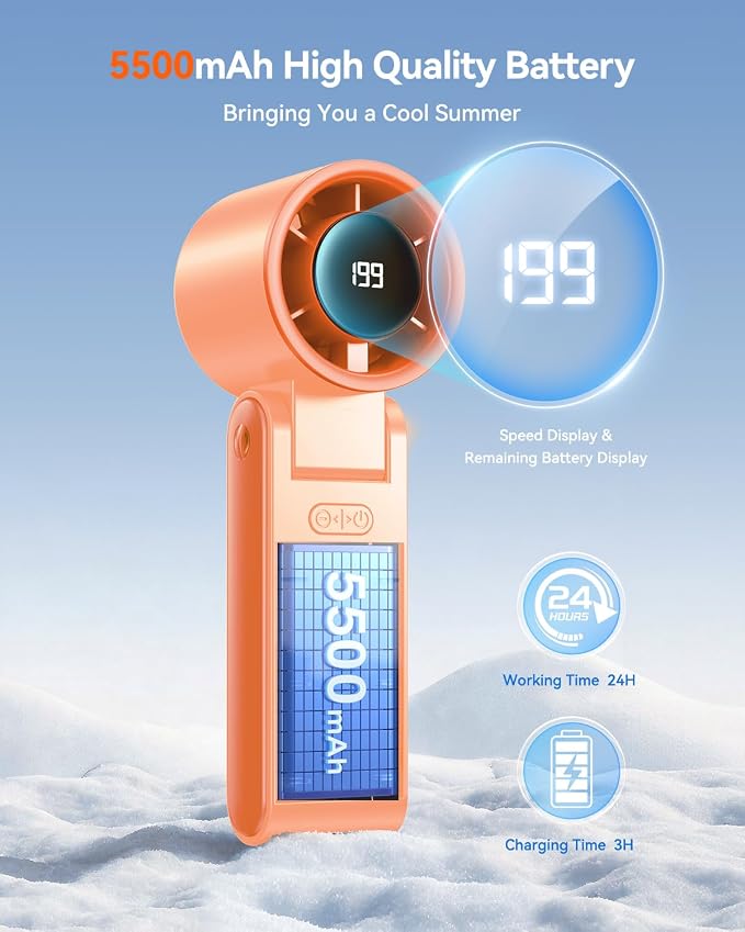 Portable Handheld Turbo Fan, 199 Gear Speed, 24 Hs Cooling Time, 5500mAh Rechargeable Mini Personal Hand Fan, Foldable Design, Travel Essentials, Beach Vacation, Gifts for Women, Men,Orange - Image 3