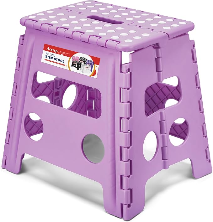 Foldable Step Stool for Adults 13 Inch, 300 lbs, Light Purple | Lightweight Stepping Stool with Handle and Non-Slip Surface, for Reaching Kitchen Cabinets, Bathroom Shelves and Closets by ACSTEP