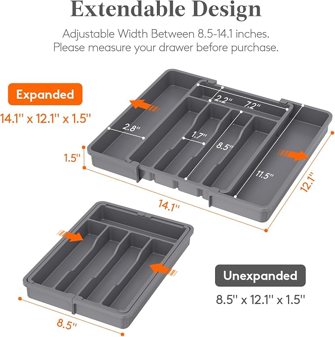 Lifewit Expandable Silverware Drawer Organizer, Kitchen Utensil Tray | BPA-free Plastic Flatware Cutlery Holder, Space-Saving Storage for Spoons Forks Knives, 8.5-14 x 12 x 1.5“, Dark Gray - Image 2