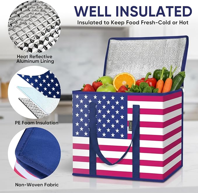BALEINE 2PK Insulated Reusable Grocery Bags, Collapsible Cooler Bag for Groceries, Heavy Duty Large Insulated Bag (16''x9''x13'', Patroit Celebration) - Image 2