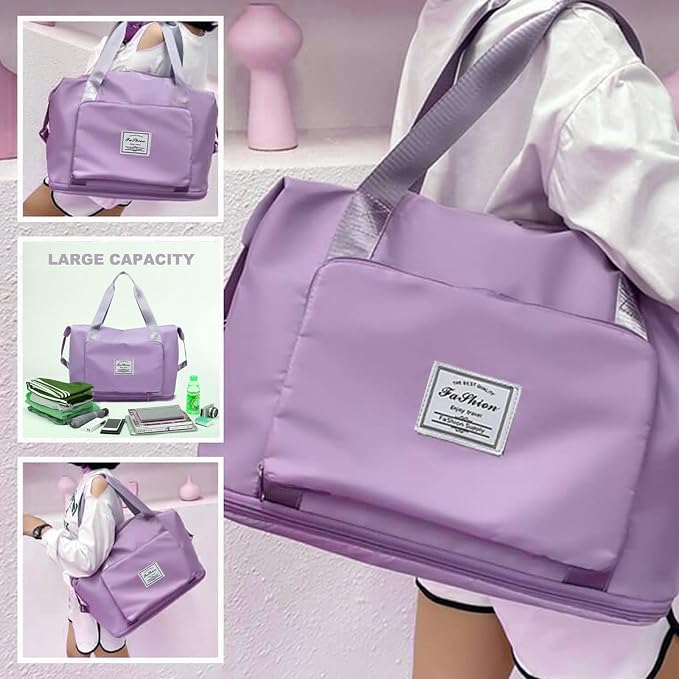 Large Capacity Folding Travel Bag, Lightweight Waterproof Luggage Bag, Expandable Travel Duffel Bag, Dry Wet Separated Gym Tote Bag, Weekender Overnight Bags for Women and Man (Light Purple) - Image 2