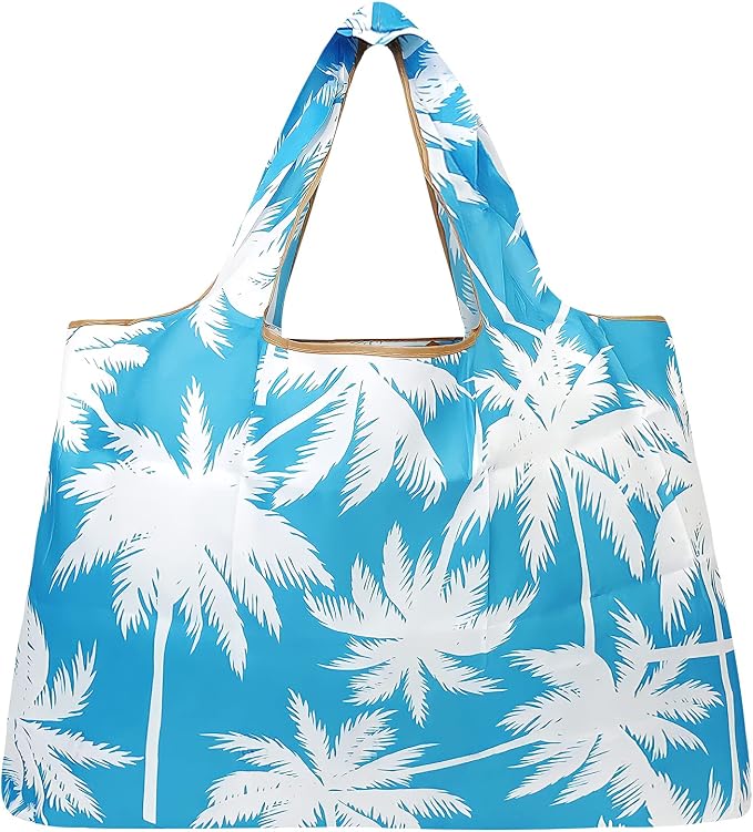 allydrew Large Foldable Tote Nylon Reusable Grocery Bags, Palm Trees in Blue - Image 3