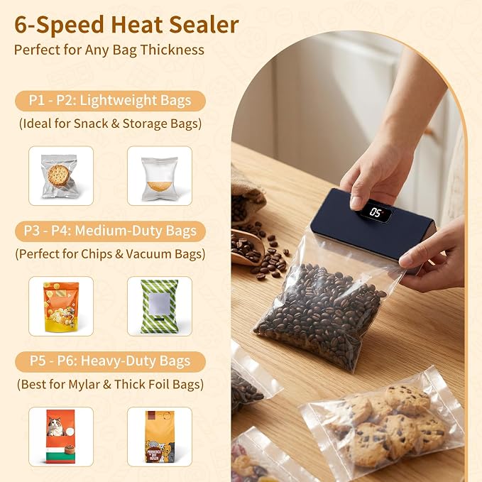 Rechargeable Mini Bag Sealer,6 Adjustable Levels Portable Heat Sealer With Cutter & Magnetic For Food Storage,Sealing Machine For Chip Plastic & Mylar Bags,Kitchen Gadgets for Food Resealer& Freshness - Image 3