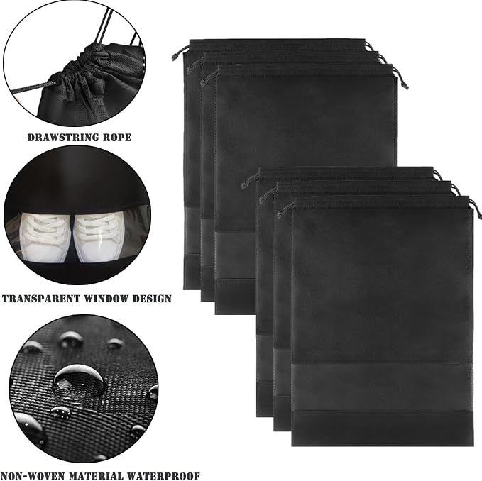 YMCCOOL 12pcs Non-woven Shoe Bags for Travel 12.6" X 17.3" Portable Shoe Bags with Clear Window, Large Drawstring Dustproof Travel Shoe Storage Bag for Men & Women, Black,XL Size - Image 3