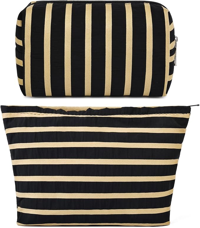 SOIDRAM 2 Pieces Makeup Bag Large Stripe Cosmetic Bag Capacity Canvas Mix Travel Toiletry Bag Organizer Cute Makeup Brushes Aesthetic Accessories Storage Bag for Women, Stripe Mix Black by SOIDRAM