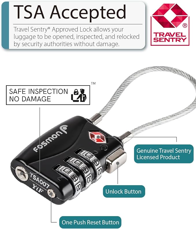 Fosmon TSA Approved Cable Luggage Locks, 3 Digit Combination, 3 Pack Black | Push Release Button, Flexible Wire Padlock for Suitcase Backpack, Gym Locker Anti Theft, Durable Alloy Body, Travel Lock - Image 2