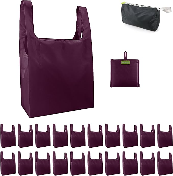 BeeGreen Burgundy Reusable Shopping Bags Wholesale Wine Red Reusable Grocery Bags Bulk Foldable-Machine Washable with Zipper Storage Pouch 20 Pieces by BeeGreen