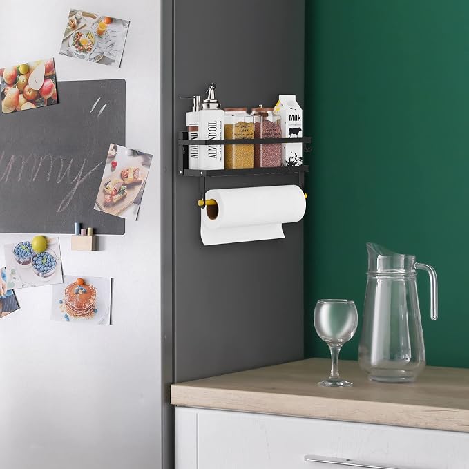 Spice Rack Magnetic Shelf, Foldable Refrigerator Magnetic Spice Holder, Wall Mounted Seasoning Organizer Hanging Spice Storage Stand with Paper Towel Holder Roll & Hooks - Image 6