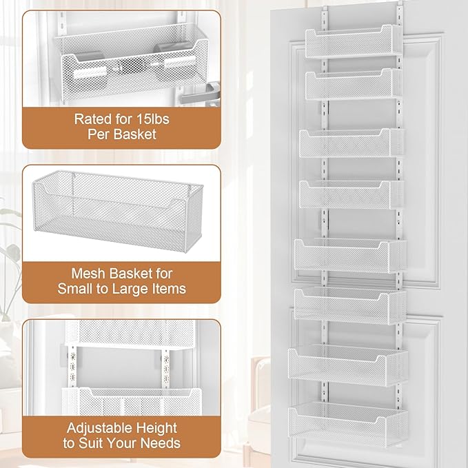 VyGrow Over The Door Organizer, 8-tier Metal Door Organizer Hanging with Adjustable Baskets, Behind The Door Storage for Bedroom Closet Bathroom Pantry Cabinet Kitchen, White - Image 5