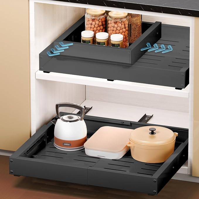 1 Pack Pull Out Drawers for Cabinets, Slide Out Drawer Expandable Width (12"-19") and Depth (17"-23") With 3 Slides, Fixed with Adhesive Film & Nail for Cabinets in Kitchen, Pantry or Bathroom - Black by MakfonerCabinetOrganizer