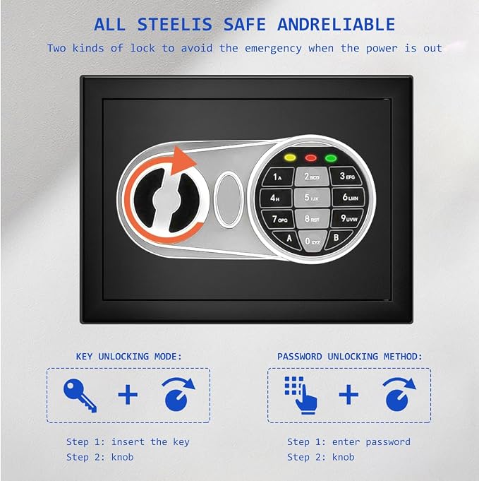 Digital Safe Box with Sensor Light, Electronic Keypad, Steel Construction, Hidden Safe for Home, Wall or Cabinet Anchoring Design (Black) - Image 4